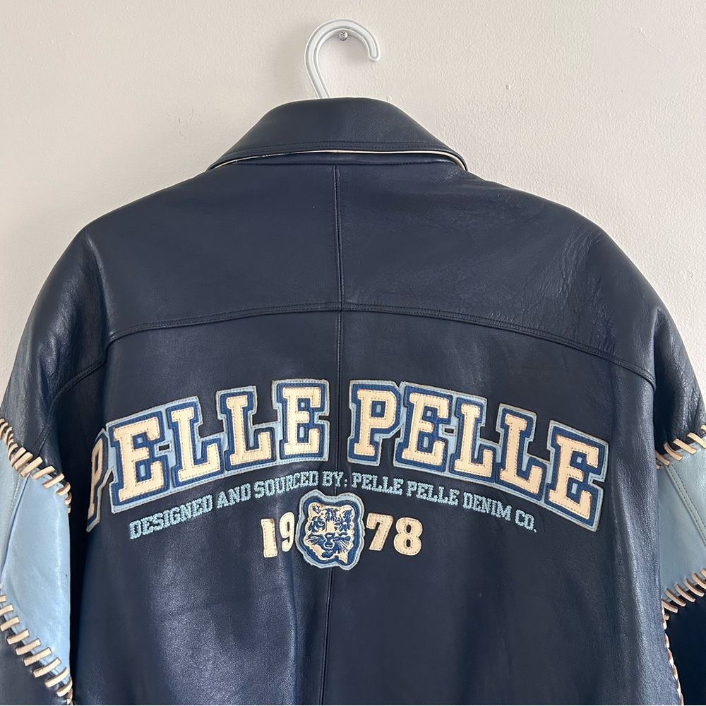 Vintage Pelle Pelle Leather Bomber Jacket with Light Blue Sleeve Panels 90’s - Picture 4 of 9